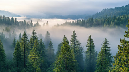 As morning unfolds, a blanket of fog envelops the tranquil pine forest, creating a mystical atmosphere. Tall trees rise majestically through the mist, embodying nature's peaceful serenity.の素材