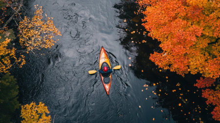 A skilled kayaker glides through calm waters of a river, framed by the stunning hues of fall foliage. The tranquil environment showcases nature's beauty during autumn.の素材