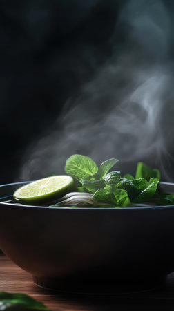 Steamy broth fills a dark bowl, garnished with fresh mint leaves and a vibrant slice of lime. The inviting aroma suggests a comforting culinary experience.の素材