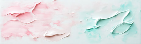 This artwork features a minimalist canvas showing gentle layers of pink and mint green paint. The soft texture creates an inviting atmosphere, emphasizing an artistic exploration of color.の素材