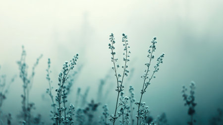 Gentle wildflowers stand tall amidst a soothing haze of pale blue and teal. The tranquil environment captures the serene essence of dawn, inviting quiet contemplation.の素材