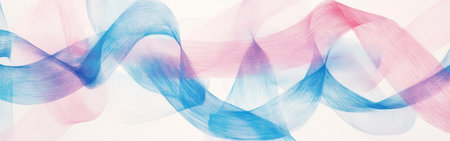 Pencil strokes form flowing ribbons in gradient hues of blue and pink, interweaving gracefully on a subtle backdrop, creating a rhythmic and artistic visual experience.の素材