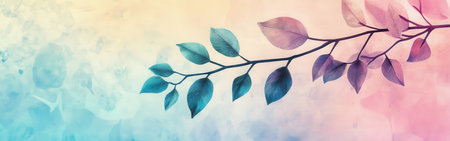 Delicate branch adorned with leaves showcases vibrant gradients of color, evoking a tranquil feeling. This artistic representation captures the beauty of nature at dusk.の素材