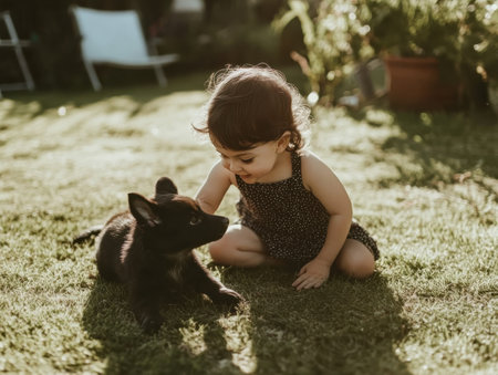 A toddler in a speckled dress kneels on the grass, delightfully engaging with a playful puppy. The sun casts a warm glow on the vibrant backyard.の素材