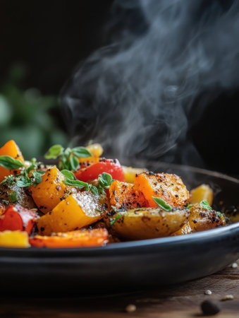 Close-up of a steaming plate filled with roasted vegetables, featuring bright peppers and herbs, highlighting an inviting and flavorful dish ready to be enjoyed.の素材