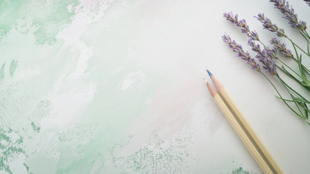 Soft pencil strokes merge with a light wash, accompanied by lavender sprigs, creating a calming and artistic ambiance in a creative workspace.の素材