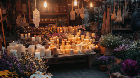 Vendors display an array of handmade candles and floral arrangements at a bustling artisan market, filled with warm lighting and a lively ambiance during the evening.の素材