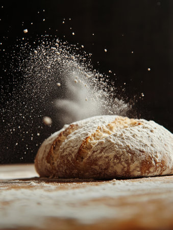 Close-up view of a rustic loaf of bread on a wooden surface, dusted with flour, capturing the essence of traditional baking. Perfectly shaped, it radiates warmth and craftsmanship.の素材