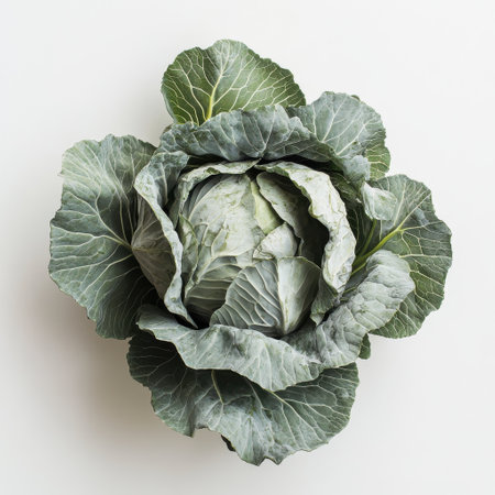 Vibrant green cabbage sits against a light background, featuring tightly packed leaves and showing its freshness and crispness. Ideal for healthy meals and salads.の素材