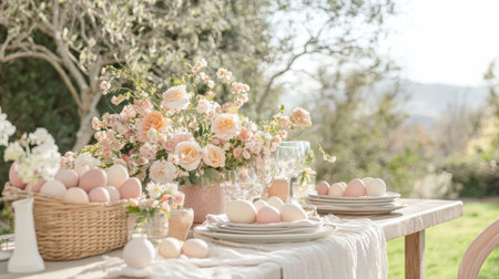 A warm, inviting outdoor brunch setting for Easter features a long table adorned with pastel eggs, flowers, and glassware, perfect for family gatherings and joyful celebrations.の素材