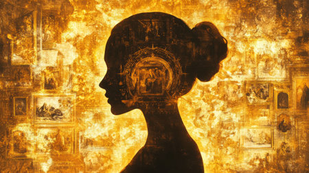 A woman's silhouette is majestically outlined against a warm, golden backdrop filled with artistic elements. The environment exudes tranquility and creativity, inviting reflection.の素材