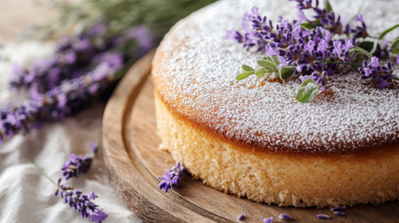 Lavender-infused cake features a light, fluffy texture and is elegantly adorned with fresh lavender sprigs and a dusting of powdered sugar, presented on a wooden board.の素材