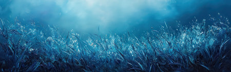 An enchanting garden filled with vibrant deep teal blades moves softly in the gentle breeze, illuminated by a mystical, diffused light that enhances its serene beauty.の素材