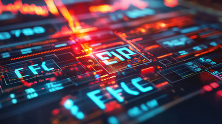 A glowing double exposure displays various ETF symbols over a vibrant, digitally-rendered background, adding depth to financial data visualization through intricate patterns and colors.の素材