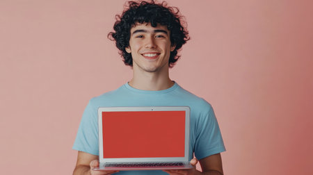 A young man with curly hair stands confidently, holding a laptop with a blank screen. The vibrant pink background enhances the cheerful atmosphere of the moment.の素材