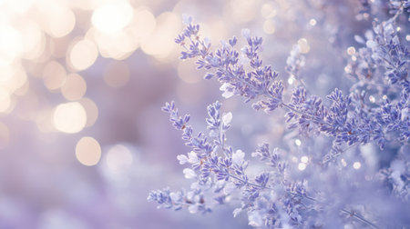 Lavender flowers in soft focus create a dreamy bokeh effect, capturing the gentle light of early evening. The shades of lavender evoke a sense of calm and tranquility.の素材
