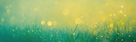 Emerald green gradually fades into soft yellows, capturing a serene atmosphere. Tiny lights shimmer above lush grass, evoking feelings of tranquility at sunrise.の素材