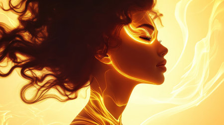 A woman is depicted with glowing features, surrounded by an ethereal light that suggests warmth and energy. Her hair flows dynamically, enhancing the surreal quality of the scene.の素材