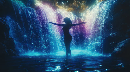 A woman stands in a luminous waterfall, her silhouette radiant against the shimmering water. The colors reflect the enchanting atmosphere of the twilight hour.の素材