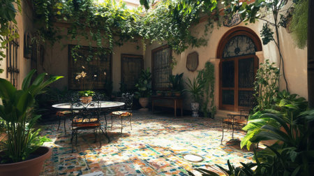 This enchanting courtyard features colorful tiled flooring bathed in sunlight. Lush plants adorn the space, creating a serene atmosphere perfect for relaxation and reflection.の素材