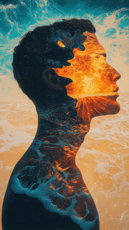 A striking profile of a man's face captures the essence of vibrant colors merging with the sunset and ocean waves. This artwork conveys emotion through its luminous and dynamic composition.の素材