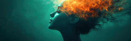 A woman emerges with glowing skin, her hair transforming into vibrant flames, creating a magical aura in an otherworldly underwater space filled with ethereal colors.の素材