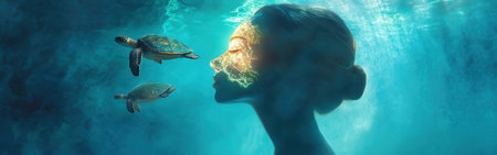 In a captivating underwater ambiance, a glowing woman with a serene expression interacts with two turtles. The ethereal light highlights her features amidst the tranquil blue water.の素材