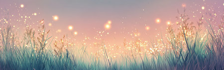 A magical twilight unfolds as glowing orbs dance above the grass, creating an enchanting atmosphere of wonder and serenity at dusk. Nature whispers softly in the cool evening air.の素材