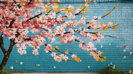 A stunning mural showcases bright cherry blossoms painted on a blue brick wall, bringing life to the urban landscape under a clear sky. The intricate details enhance the beauty of spring.の素材