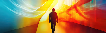 A man confidently walks along a glowing pathway, surrounded by swirling colors of blue, yellow, and orange.の素材