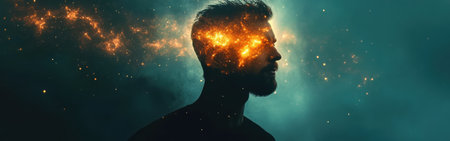 A man is depicted in profile, with a vibrant, glowing cosmic scene blending with his silhouette. The backdrop features deep blues and oranges, creating an ethereal atmosphere.の素材