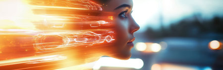 A woman's face is artistically blended with vibrant light trails, conveying speed and movement during twilight. This creative depiction emphasizes the energy and transformation of the moment.の素材