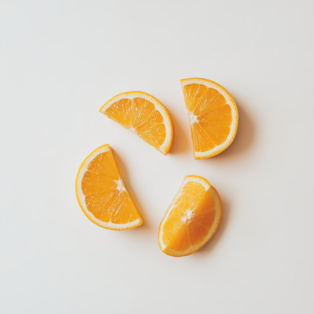 Bright orange wedges are neatly placed on a white surface, showing their vibrant color and juicy texture. Ideal for healthy snacking or culinary decoration.の素材