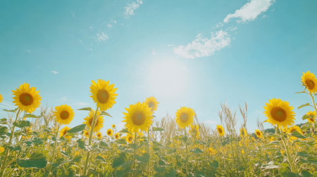 Vibrant sunflowers stretch toward a radiant blue sky filled with sunlight. The scene captures the essence of summer, blooming flowers, and a warm, cheerful atmosphere.の素材