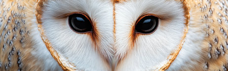This close-up captures the enchanting face of a barn owl, revealing its intricate feather patterns and piercing eyes. Set against a blurred background, it embodies the essence of nature.の素材
