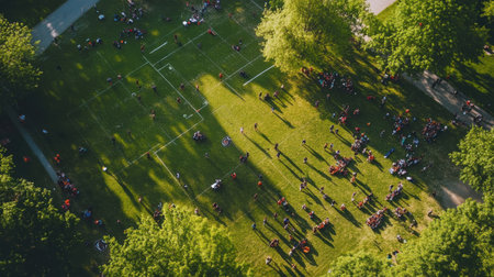 A bustling football game unfolds on the field, surrounded by trees and enthusiastic spectators. The sun casts long shadows as players compete passionately on the green grass.の素材