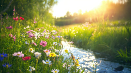 A serene meadow filled with vibrant wildflowers flourishes alongside a gently flowing stream. Sunlight filters through trees, casting a warm glow across the landscape.の素材