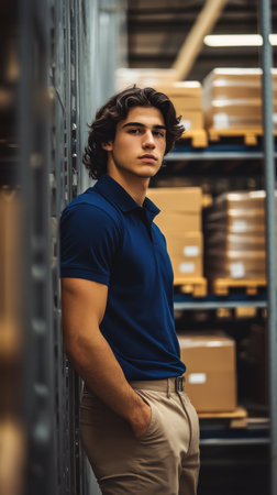 A young man leans against a shelf in a warehouse, surrounded by neatly organized boxes. He wears a navy polo shirt and khaki pants. The mood is calm and thoughtful.の素材