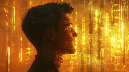 A man's profile is intricately filled with golden lights, creating a mystical aura. The ambient glow suggests a dreamlike setting that captivates the viewer's imagination.の素材