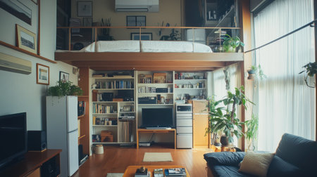 This chic loft apartment showcases a bright living area with a comfortable couch and a library.の素材