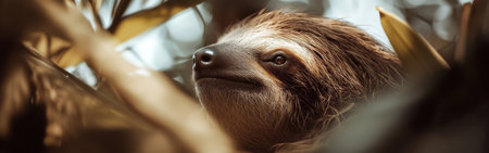 This unique perspective reveals the sloth's gentle features while it relaxes among lush foliage, surrounded by vibrant greenery under soft daylight, creating a serene atmosphere.の素材