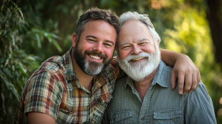 Younger man with a beard smiles brightly while embracing an older man with a gray beard in a serene outdoor setting surrounded by greenery. The warm sunlight enhances their joyful expressions.の素材