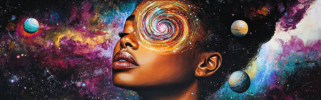 A captivating visualization of a woman's face merges with swirling galaxies, accentuated by planets, set against a rich cosmic backdrop. This artwork invites viewers to explore the universe within.の素材