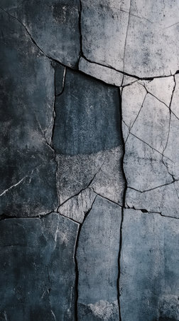 The rugged surface in deep charcoal displays an intricate pattern of cracks and textures, reflecting the effects of time and weather in an urban environment.の素材
