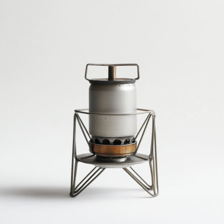 The compact metal camping stove sits ready for use, highlighting its sturdy design and fuel-efficient features. Ideal for outdoor cooking, it's perfect for camping trips and hiking.の素材