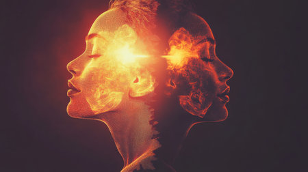 A glowing woman emerges from a dark background, her features illuminated by radiant light. This surreal representation captures the essence of her inner energy and strength.の素材