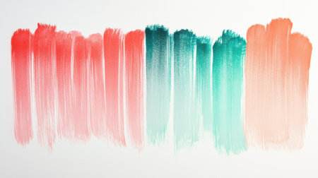 Colorful abstract strokes display a gradient transitioning from mint green to coral. The layered design exhibits a smooth blending technique across the canvas, creating harmony and visual interest.の素材