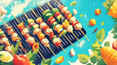Friends gather in a sunny backyard to enjoy a lively barbecue. Partygoers savor sizzling skewers filled with colorful vegetables and tender meat, creating a festive atmosphere.の素材