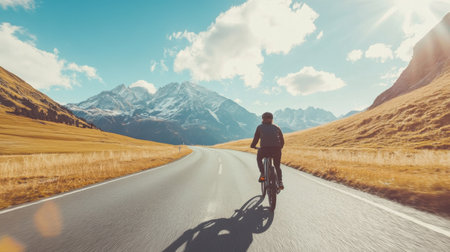 On a sunny spring day, a person rides an electric bike along a winding mountain road, surrounded by majestic peaks and vibrant blue skies. The golden grass sways gently in the breeze.の素材