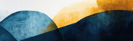 Overlapping spots of pencil strokes create an abstract composition, merging shades of blue and gold. The interplay of colors reflects natural landscapes and evokes calmness.の素材